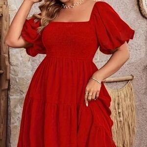 Plus Size Red Smocked Puff‑Sleeve Tiered Maxi Dress – Size 24